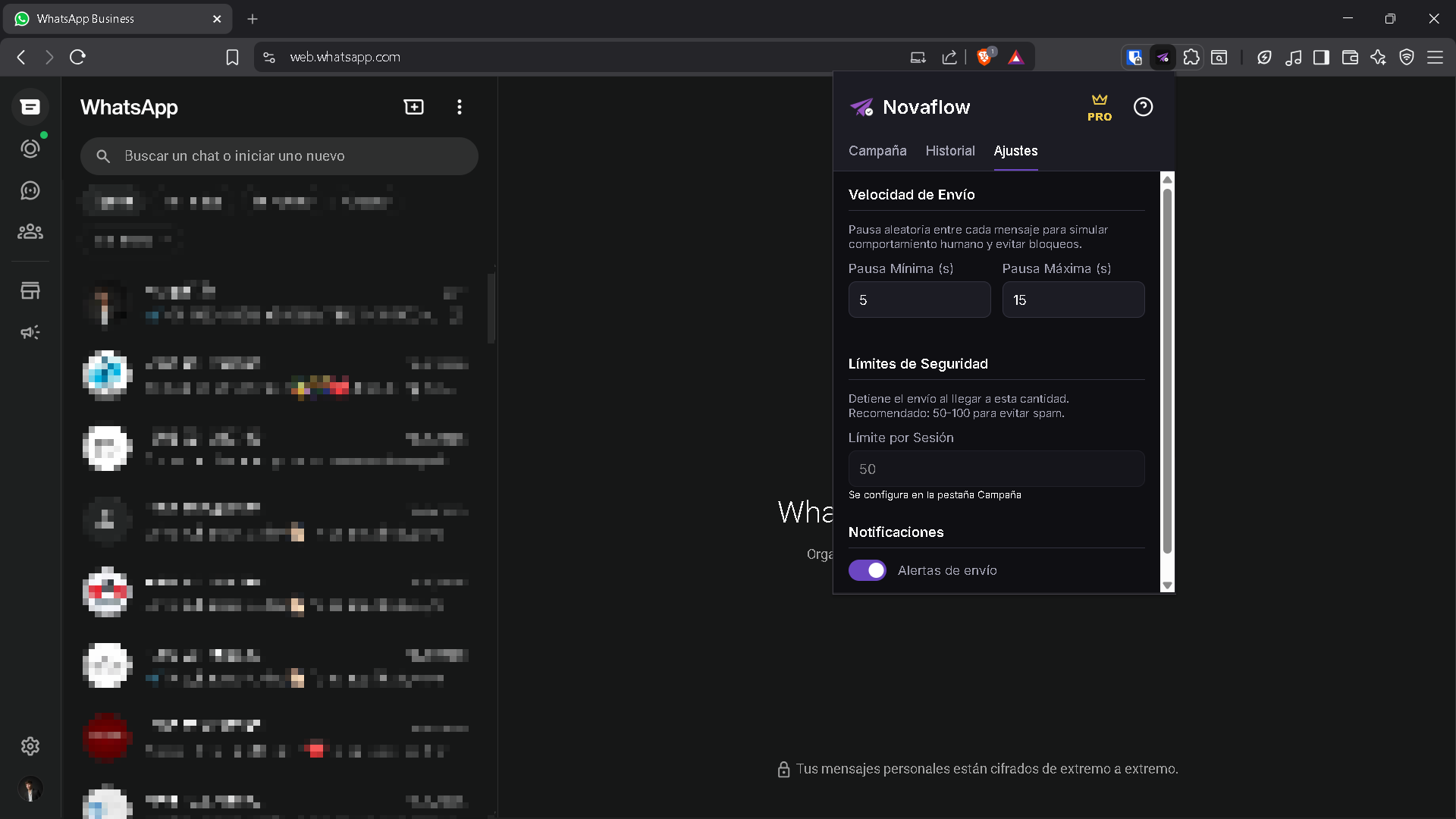 Panel de configuración de NovaFlow